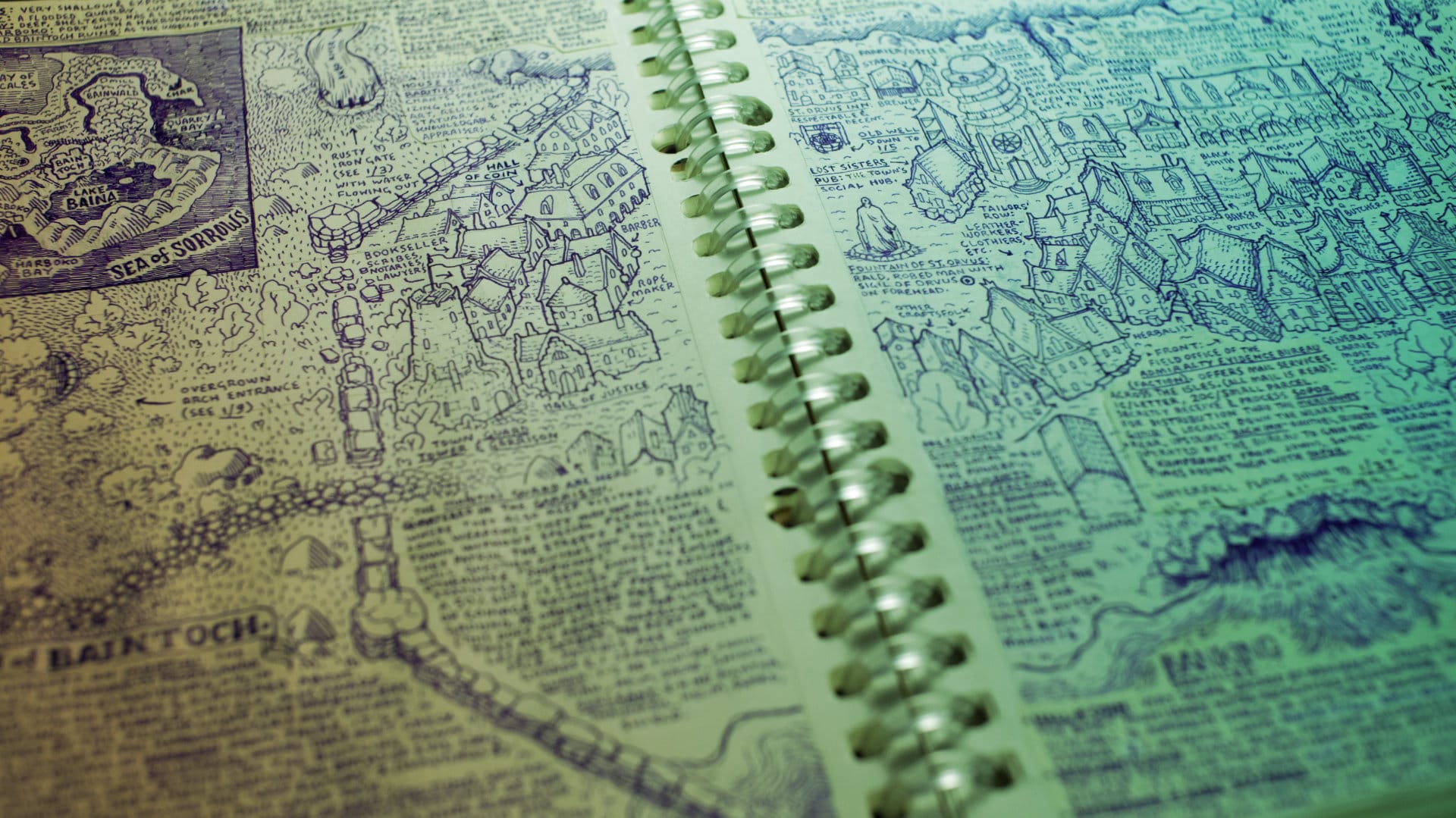 A photo of the surface spread, with an illustration and lots of writing about the town of Baintoch and an inlay depicting the isle of Montiri.